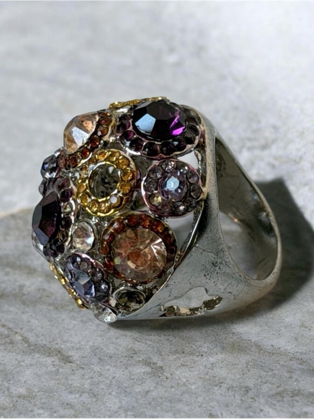 Multi-Stone Sparkling Cluster Ring - Purple, Gold, Pink Accents cocktail ring
